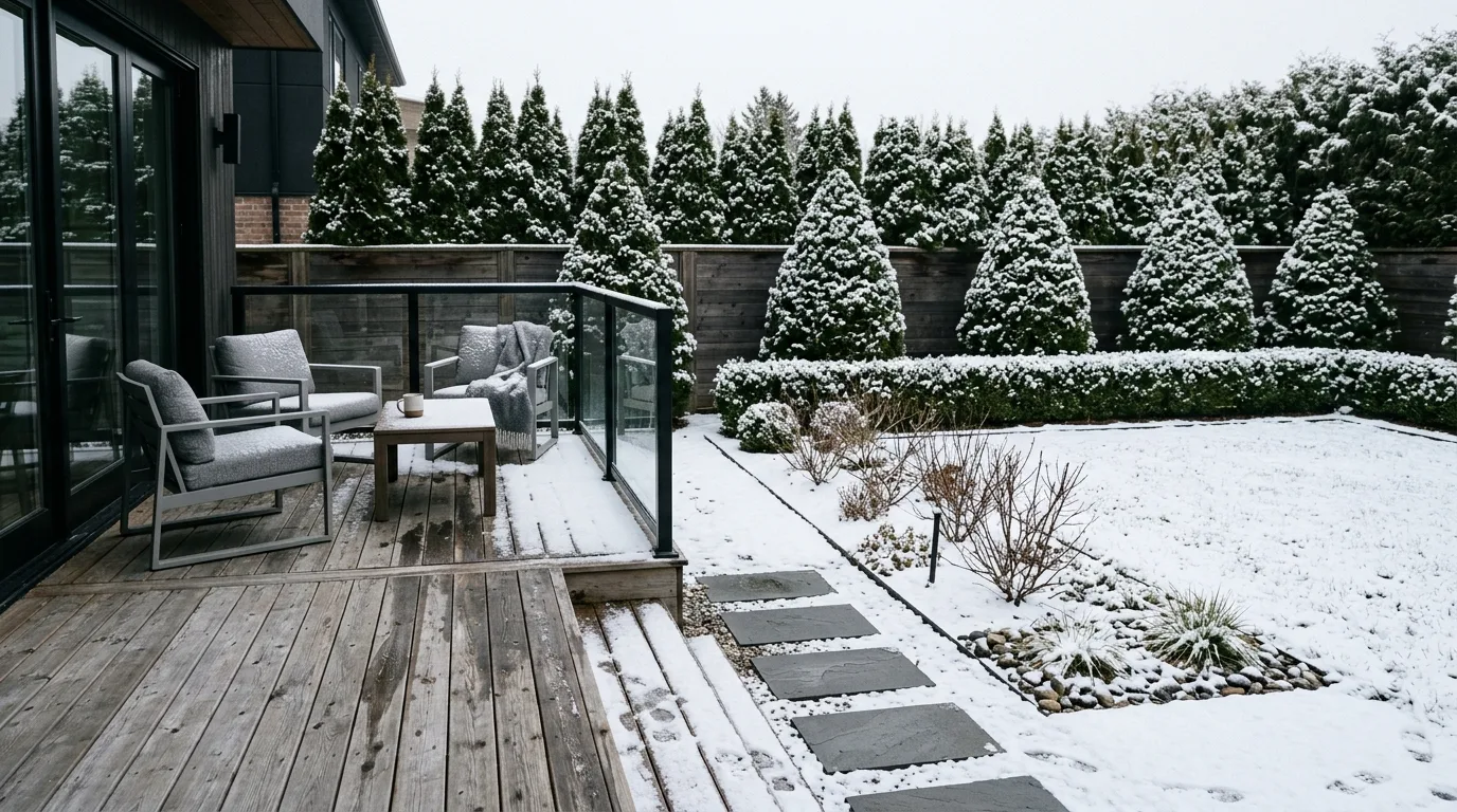 Minimal Backyard With Trimmed Evergreens